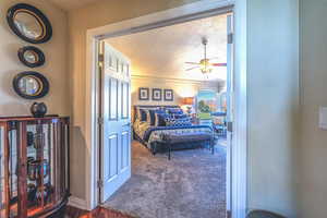 Bedroom featuring a textured ceiling, dark colored carpet, and multiple windows