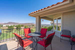 View of patio featuring a mountain view