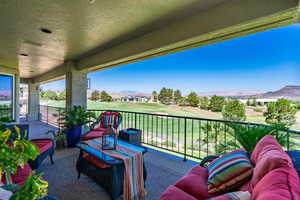 View of patio with a mountain view