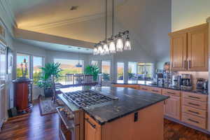 Kitchen featuring gas stove, dark wood-type flooring, dark stone counters, hanging light fixtures, and high vaulted ceiling