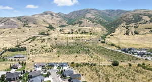 Aerial overview of property's location featuring rural landscape and a mountain backdrop