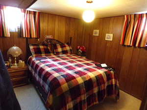 Bedroom featuring wooden walls and light carpet
