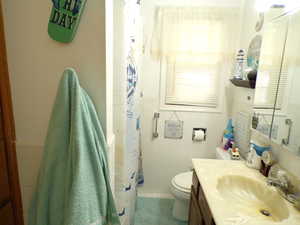 Bathroom featuring vanity, tile walls, and a shower with curtain