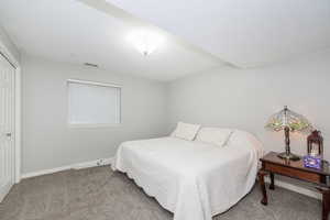 Bedroom featuring carpet and a closet