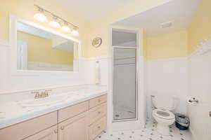 Bathroom featuring vanity, a shower stall, and a wainscoted wall