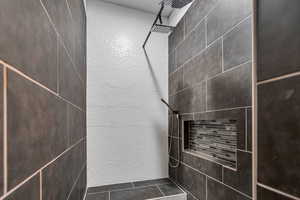 Bathroom view of a tile shower