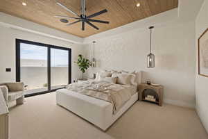 Bedroom featuring wooden ceiling, access to exterior, ceiling fan, carpet flooring, and recessed lighting