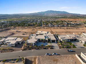 Aerial view of residential area with mountains