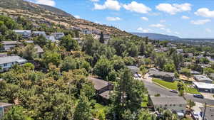 Aerial view of residential area with mountains