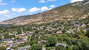 Aerial overview of property's location with a mountain backdrop