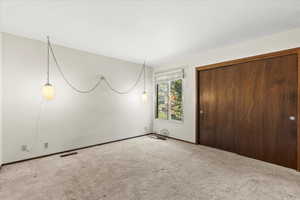 Unfurnished bedroom with carpet and a closet