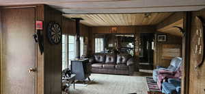Carpeted living area featuring wooden walls, a wood stove, and wood ceiling