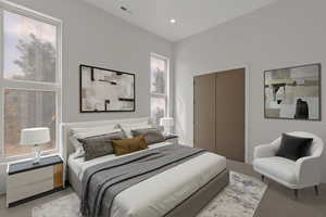 Bedroom with carpet flooring and recessed lighting