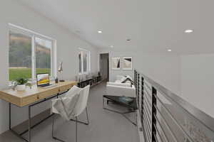 Office with carpet and recessed lighting