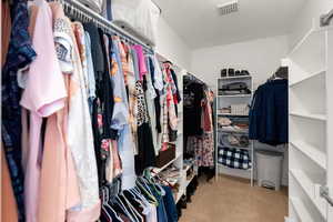 Walk in closet with light colored carpet