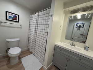 Full bath featuring vanity, light wood finished floors, and a shower stall
