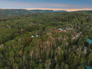 Aerial overview of property's location featuring a heavily wooded area and a mountainous background