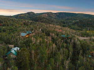 Aerial overview of property's location with mountains and a forest