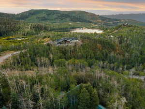 Aerial view at dusk of a mountain view and a view of trees