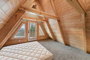Bonus room featuring wooden ceiling, carpet floors, and wood walls