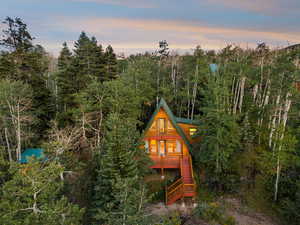 Back of house featuring stairway, a wooded view, and faux log siding