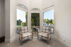 Sitting room with plenty of natural light and carpet flooring