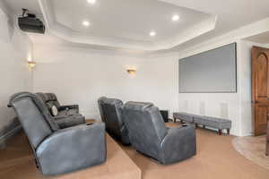 Carpeted cinema with ornamental molding, a tray ceiling, and recessed lighting