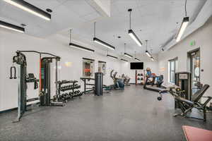 Exercise room with a paneled ceiling