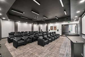 Home theater room featuring dark carpet and recessed lighting