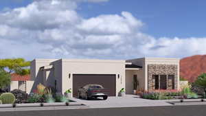 Contemporary home featuring driveway, stone siding, stucco siding, and a garage