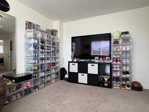 Recreation room featuring carpet flooring and a textured ceiling