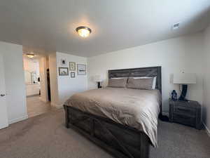 Carpeted bedroom with a textured ceiling and ensuite bath
