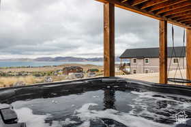 View of patio with a mountain view