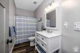 Bathroom featuring vanity, dark wood-type flooring, and a shower with shower curtain