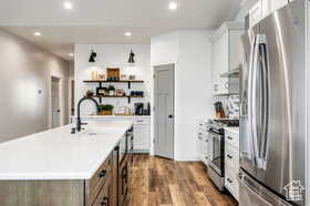 Kitchen featuring appliances with stainless steel finishes, white cabinets, an island with sink, recessed lighting, and open shelves
