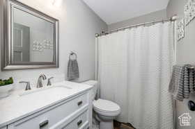 Bathroom with vanity and a shower with curtain