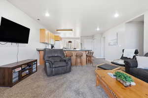 Living area with light colored carpet and recessed lighting