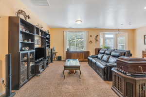 Great Room area with light colored carpet