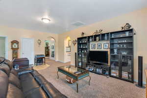 Carpeted great room area with arched walkways and baseboards