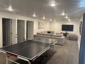 Playroom featuring a textured ceiling and carpet floors