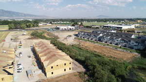 Aerial perspective of suburban area featuring mountains