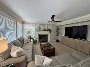 Living area with a textured ceiling, carpet flooring, crown molding, a tile fireplace, and ceiling fan