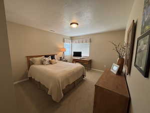Bedroom featuring light colored carpet and a textured ceiling