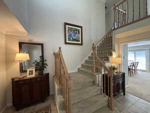 Stairs featuring ornamental molding, a towering ceiling, carpet floors, and tile patterned flooring