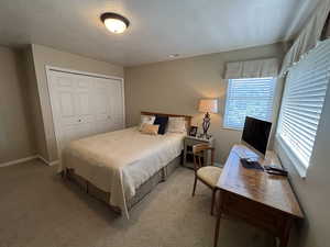 Bedroom with carpet flooring, a textured ceiling, and a closet