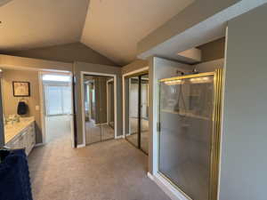 Full bathroom with a shower stall, vanity, and lofted ceiling