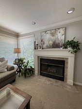Living room with carpet flooring, a fireplace, a textured ceiling, and ornamental molding