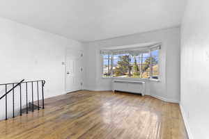 Spare room featuring radiator heating unit and light wood finished floors