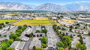 Aerial perspective of suburban area with mountains