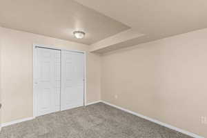 Unfurnished bedroom featuring carpet floors and a closet